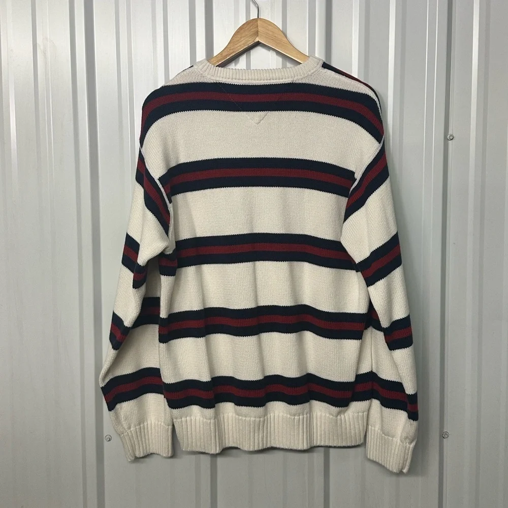 Vintage Men’s XL Tommy Hilfiger Cream Navy Red Stripe Sweater Casual Preppy